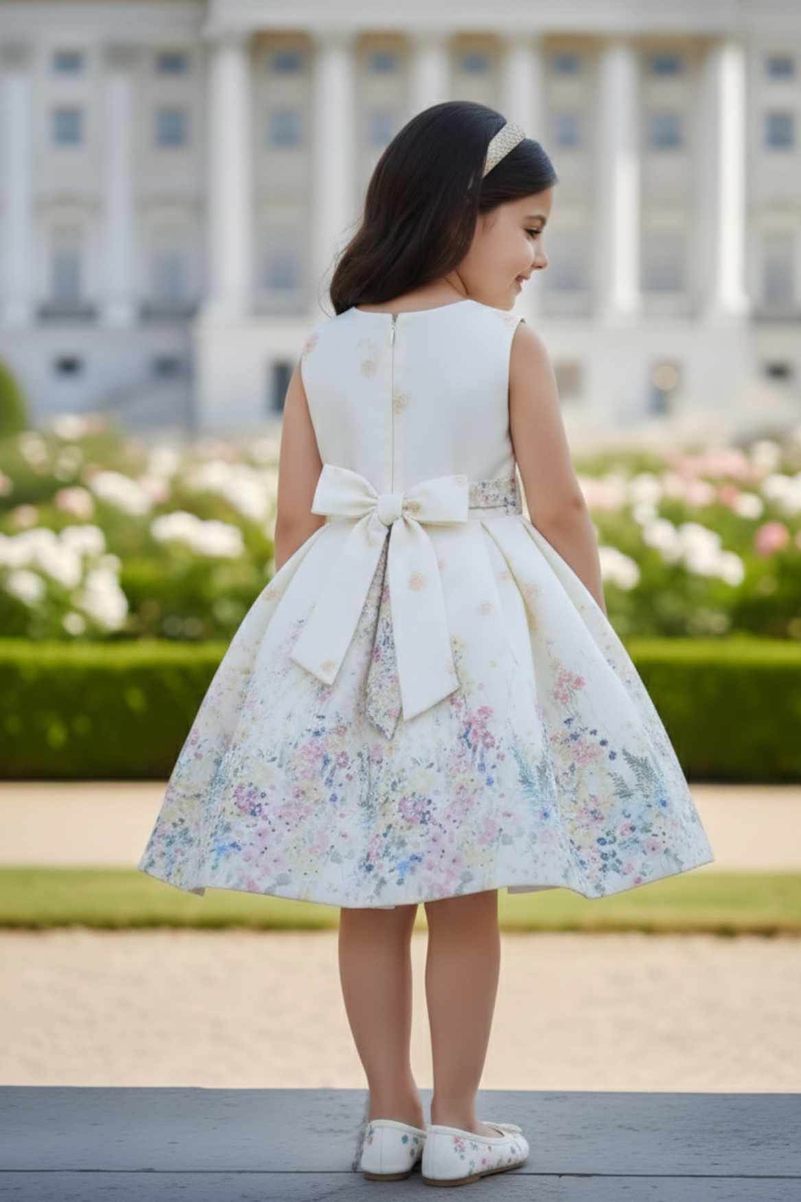 Ivory Floral Party Wear Frock with Golden Jacket And Bow Waist Accent For Girls