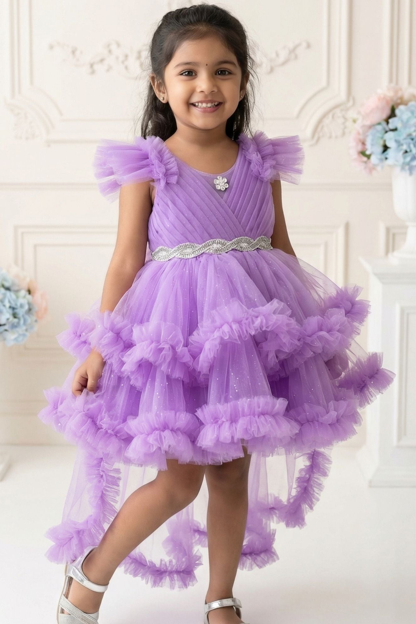 Lavender Layered Ruffle High-Low Party Wear Frock For Girls