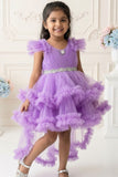 Lavender Layered Ruffle High-Low Party Wear Frock For Girls