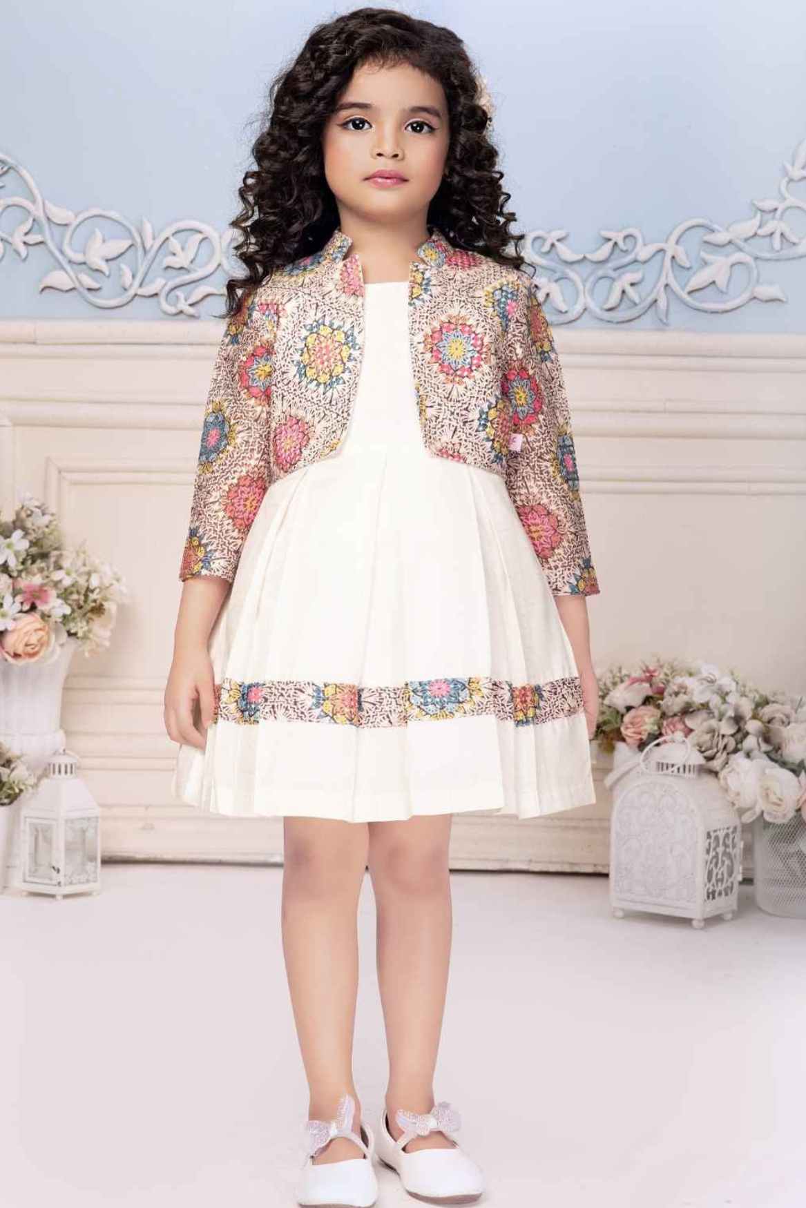 Cream Casual Dress With Floral Printed Overcoat For Girls
