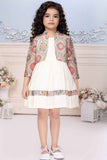 Cream Casual Dress With Floral Printed Overcoat For Girls