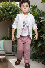 Purple Overcoat With White T Shirt And Pant Set For Boys