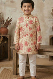 Beige Floral Printed Kurta Set With Pajama For Boys