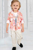 Orange Printed Shirt And Beige Blue Pant With White T-Shirt Set For Boys