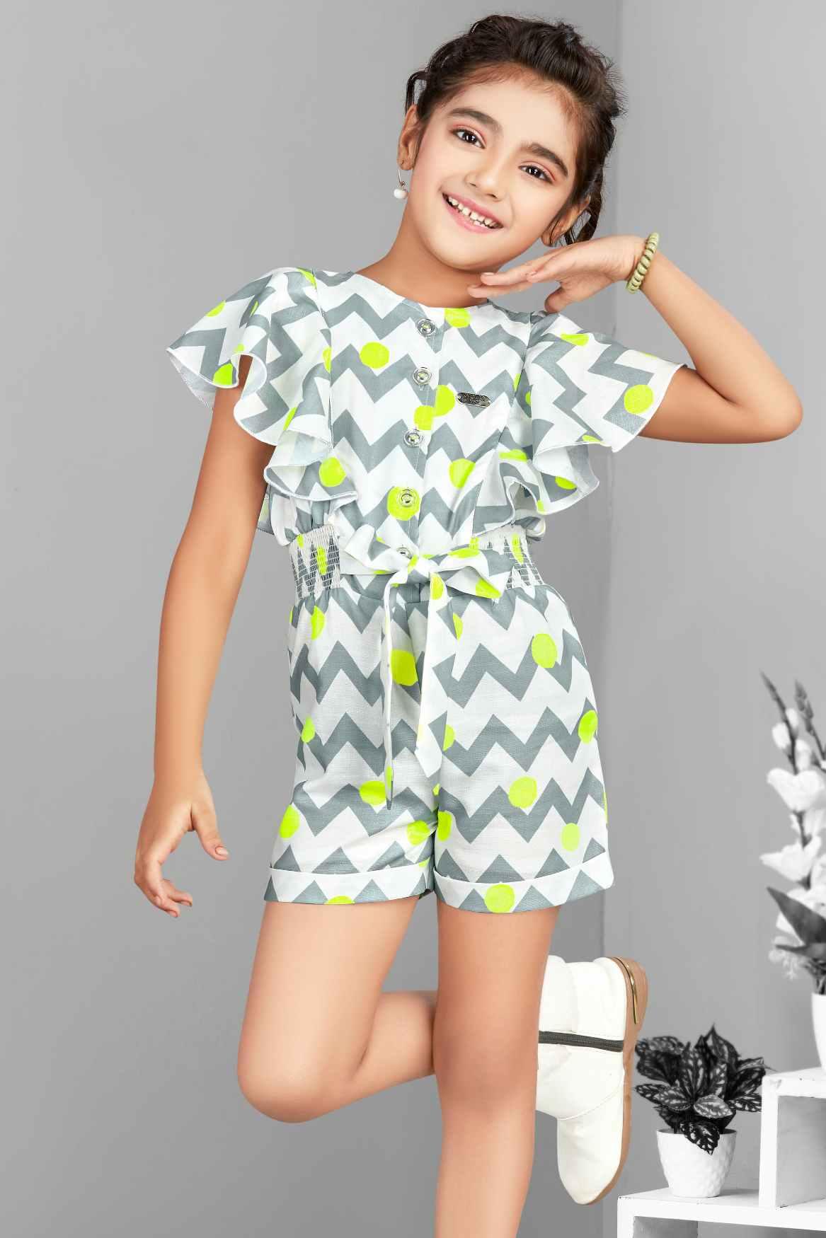 White Zig Zag Printed Short Jumpsuit With Ruffle Sleeves For Girls - Lagorii Kids