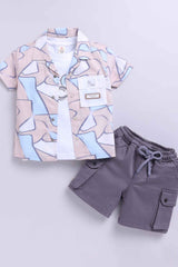 Fawn Printed Shirt And Shorts Set With White T-shirt For Boys