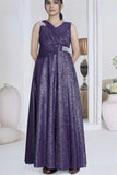 Purple Metallic Criss-Cross Gown with Embellished Waist For Girls