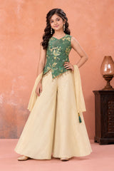 Green Embroidered Top with Ivory Palazzo Set And Dupatta For Girls