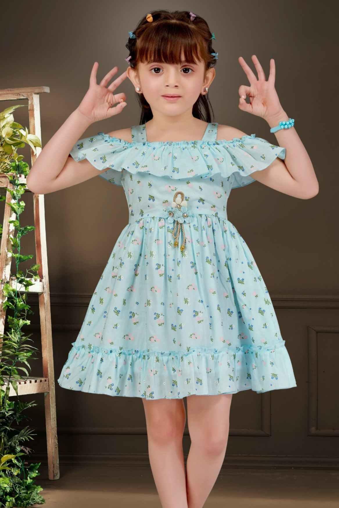 Stylish Off Shoulder Blue Printed Frock For Girls - Lagorii Kids