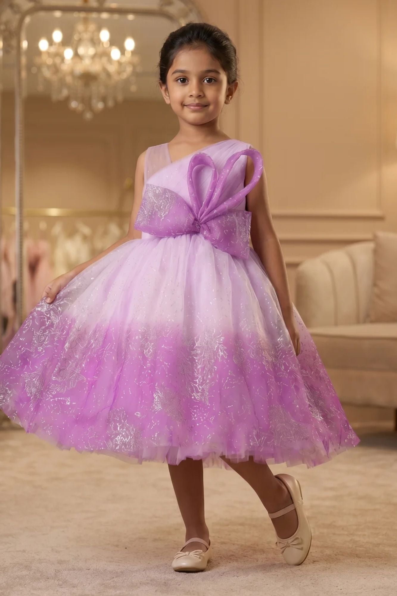 Purple Ombre With Bow Embellishment Party Wear Frock for Girls