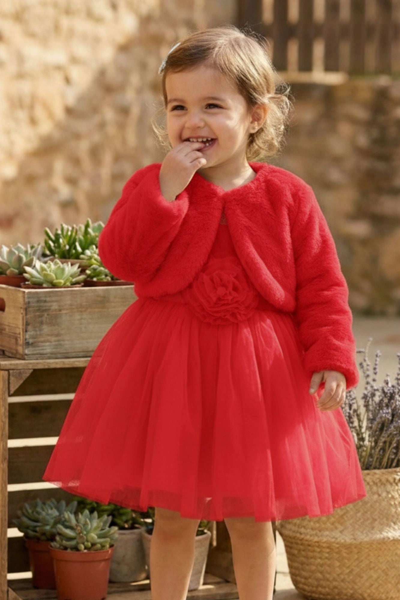 Red Party Wear Frock with Faux Fur Jacket For Girls