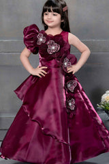 Wine Organza Gown With Floral Embellished For Girls