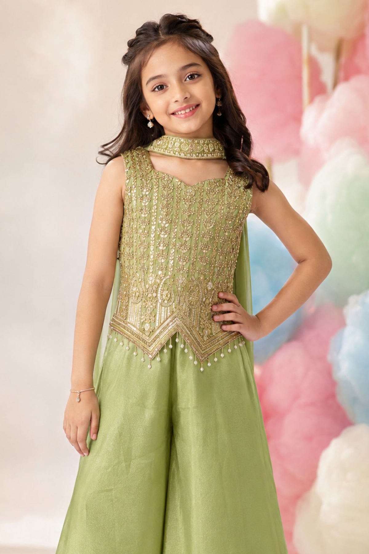 Elegant Pista Embroidered Palazzo Set with Dupatta