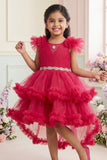 Rani Pink Layered Ruffle High-Low Party Wear Frock For Girls