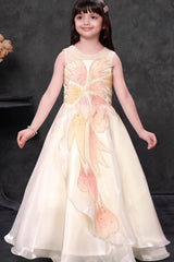 Ivory Floral Sequin Party Wear Gown with Layered Flare For Girls