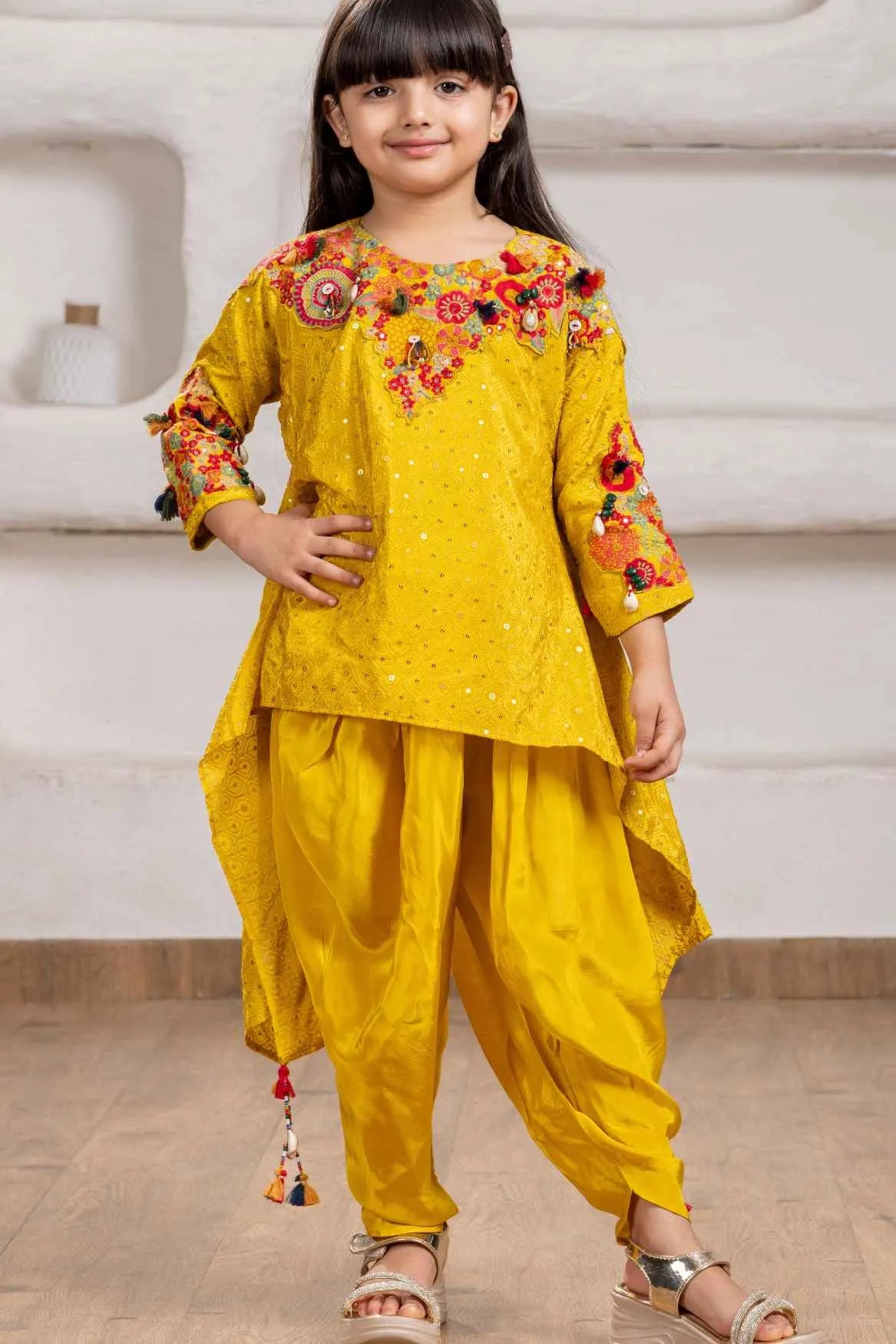 Mustard With Multicolor Embroidered Kurta with Dhoti Pants For Girls