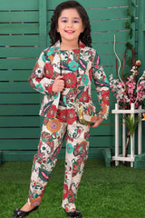 White Floral Printed Co Ord Set With Over Coat For Girls