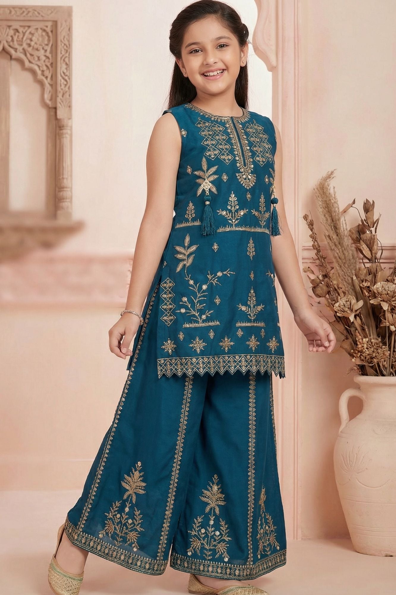 Teal Blue Zari Embroidered Kurti Palazzo Set For Girls