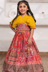 Mustard Yellow Sequins And Mirror Work With Floral Printed Lehenga Choli For Girls