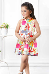 Stylish Cream Printed Sleeveless Dress For Girls