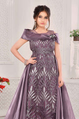 Elegant Mauve Party Gown With Silver Embroidery For Girls