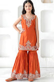 Orange Embroidered Sharara Set With Dupatta For Girls