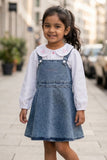 Girls Blue Denim Dungaree Set With Embroidered Detail And White Top