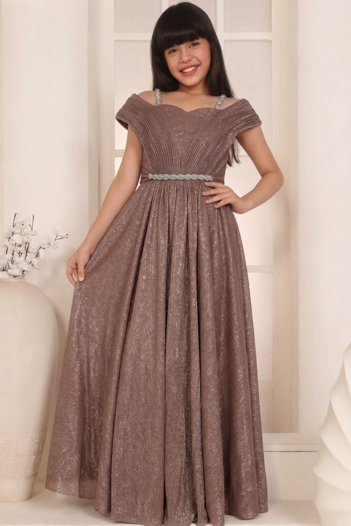 Fawn Shimmer Off-Shoulder Party Gown for Girls