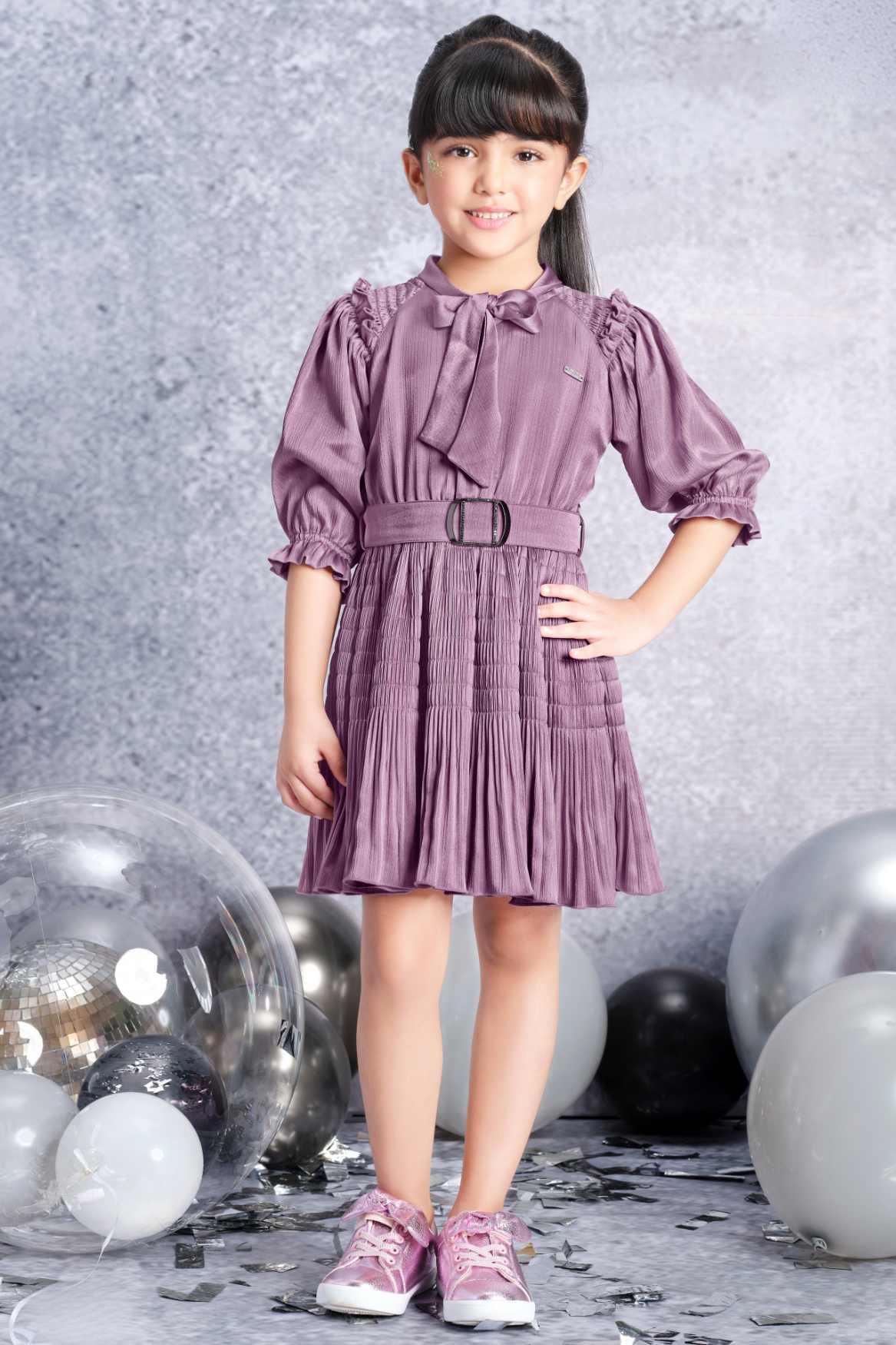 Stylish Mauve Crushed Dress With Waist Belt For Girls - Lagorii Kids