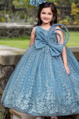 Blue Gown With Bow Embellished And Shimmer Printed For Girls