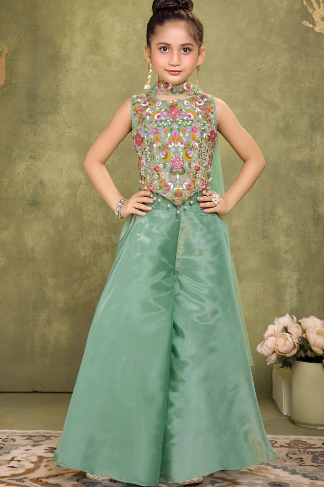 Pista Green Sequins Work With Thread Embroidery Palazzo Set For Girls