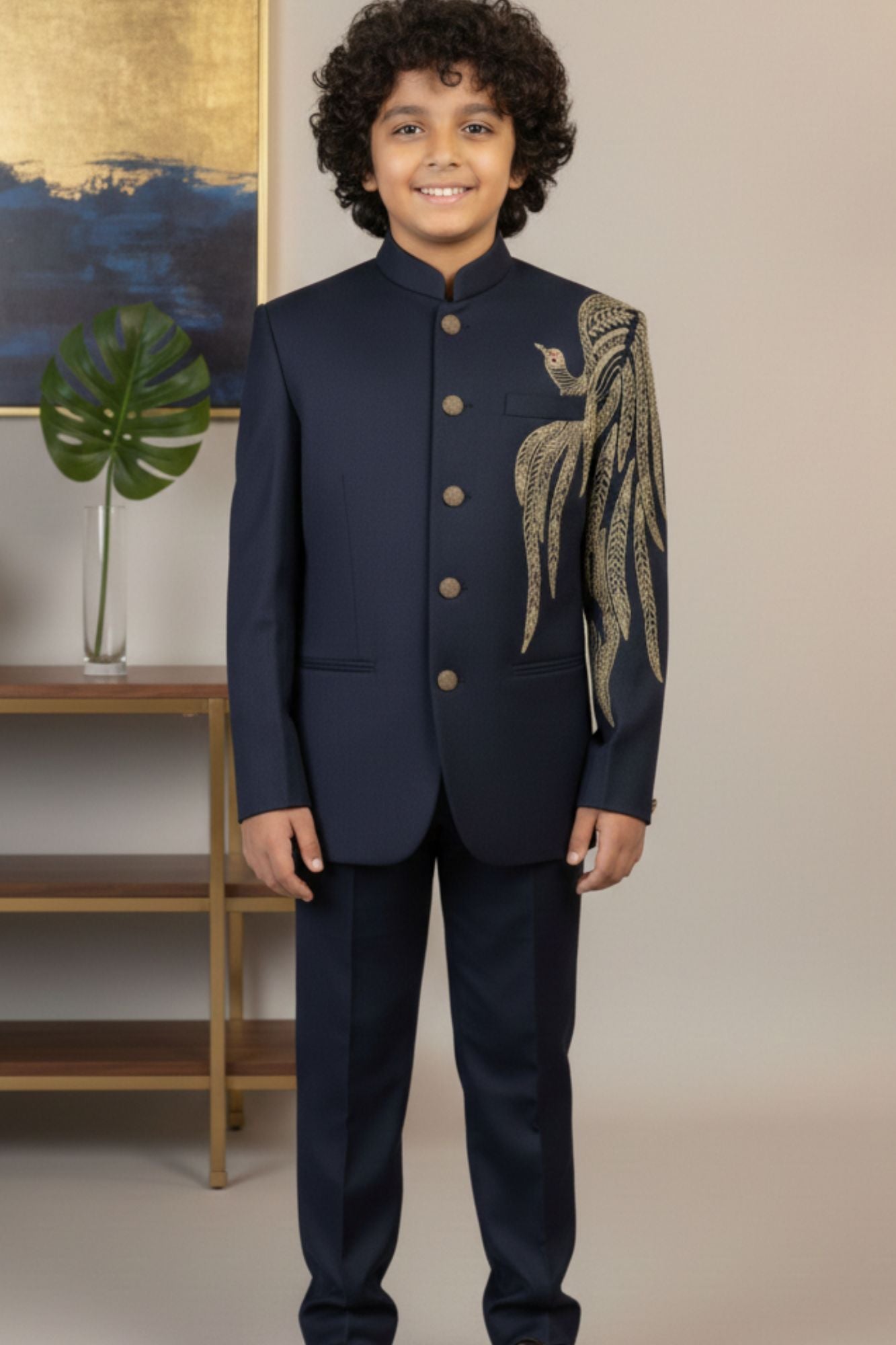 Navy Blue Embroidered Jodhpuri Suit Set With Golden Peacock Motif For Boys