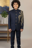 Navy Blue Embroidered Jodhpuri Suit Set With Golden Peacock Motif For Boys