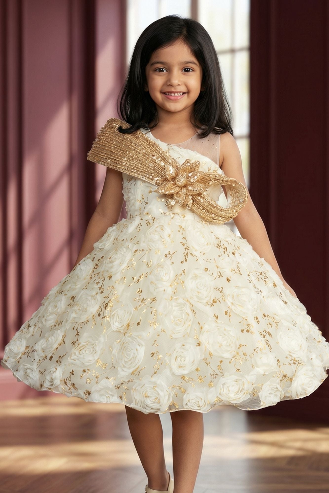Girls Cream Floral Party Frock with 3D Rosette Work And Statement Bow