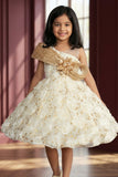 Girls Cream Floral Party Frock with 3D Rosette Work And Statement Bow