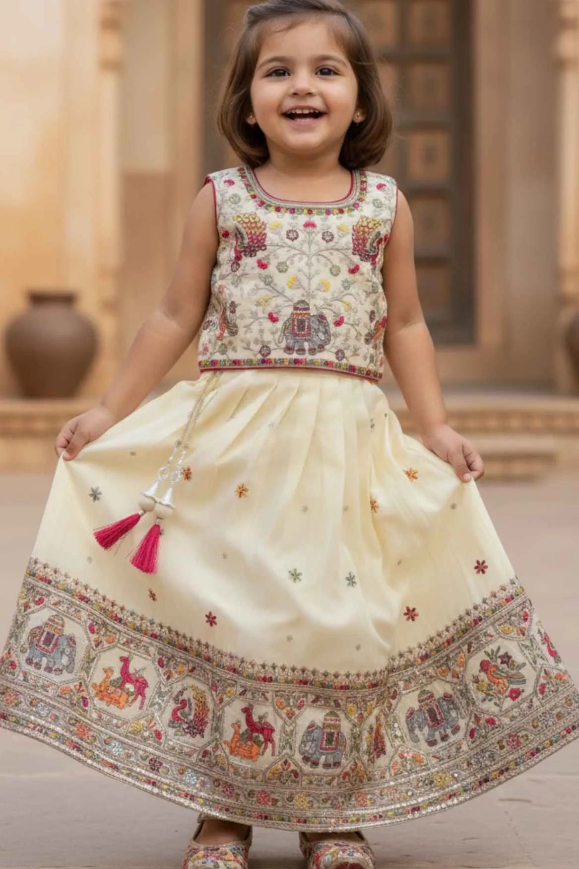 Cream Royal Embroidered Lehenga Choli For Girls