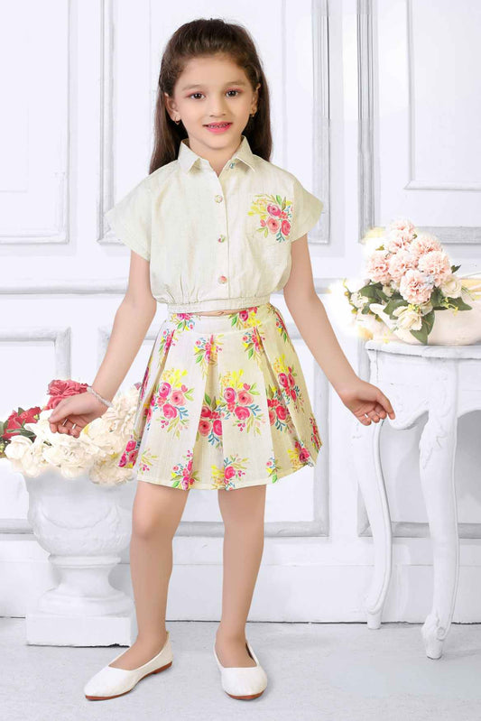 Cream Top And Floral Printed Skirt Set For Girls