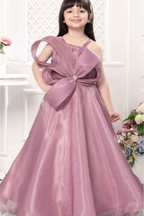 Onion Pink  Bow Embellished With Stone Work Gown For Girls