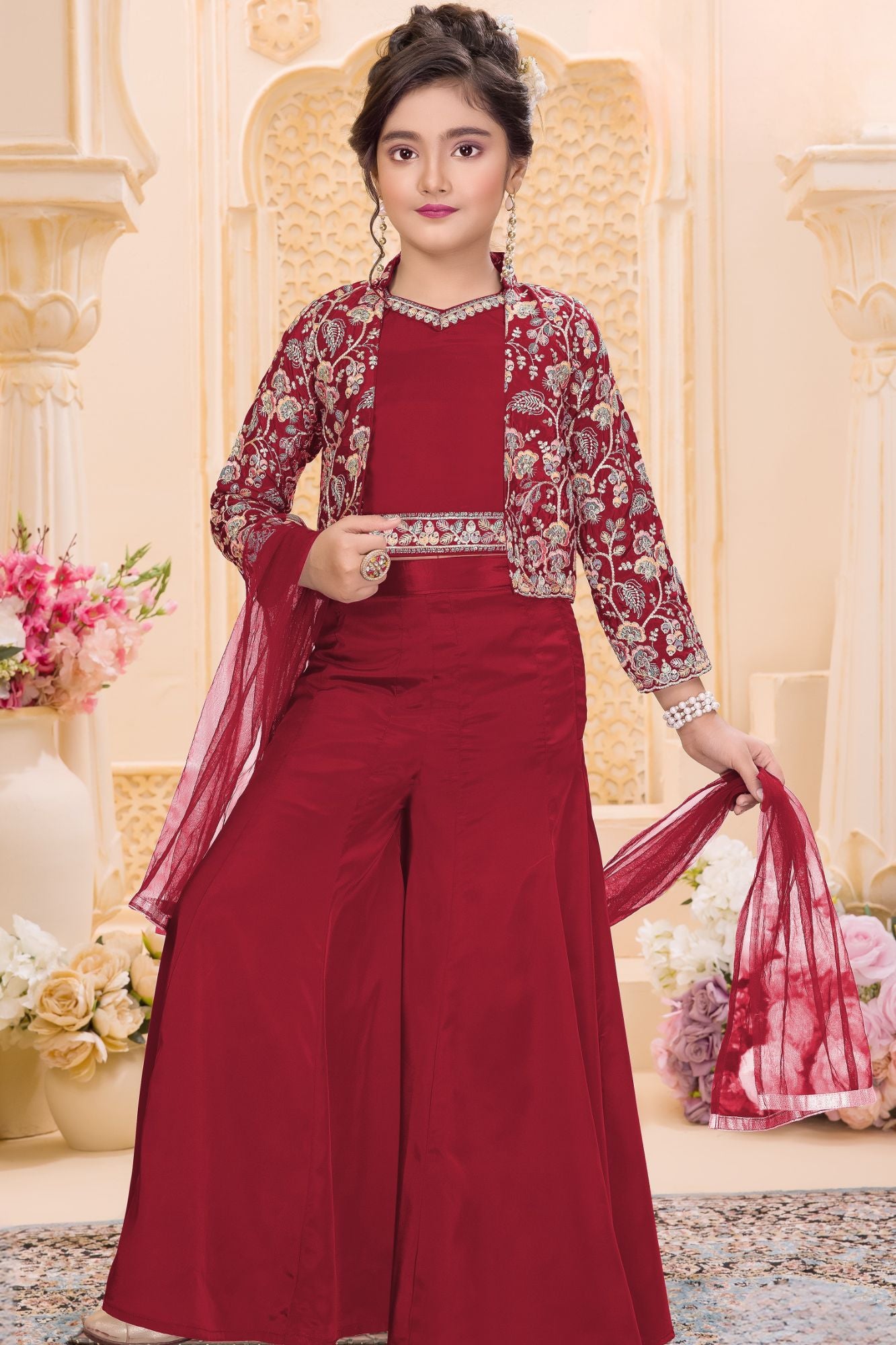 Red Embroidered 3-Piece Palazzo Set for Girls
