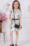 Cream Black Abstract Printed Dress With Belt And Bag For Girls