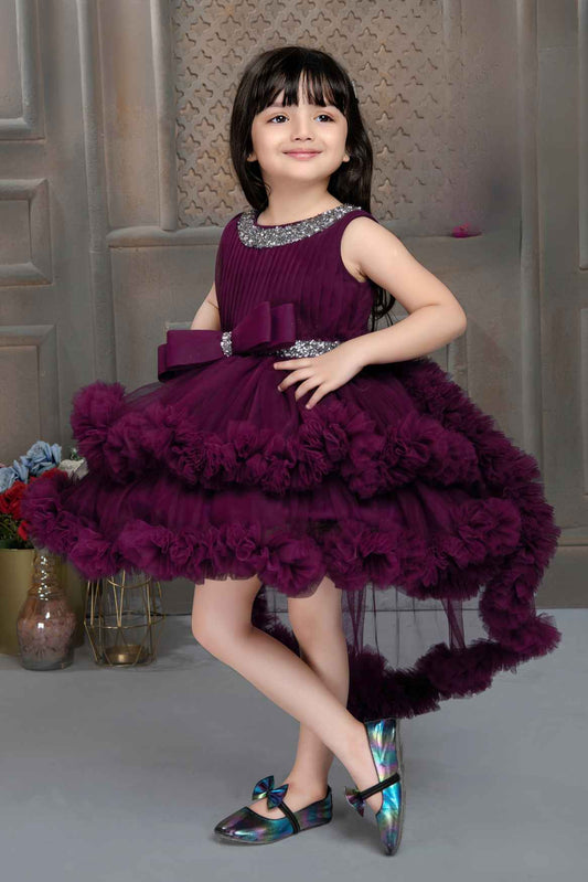 Wine Net Tailback Frock With Bow Embellishment For Girls