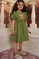 Stylish Green Casual Frock With Bow Embellished For Girls