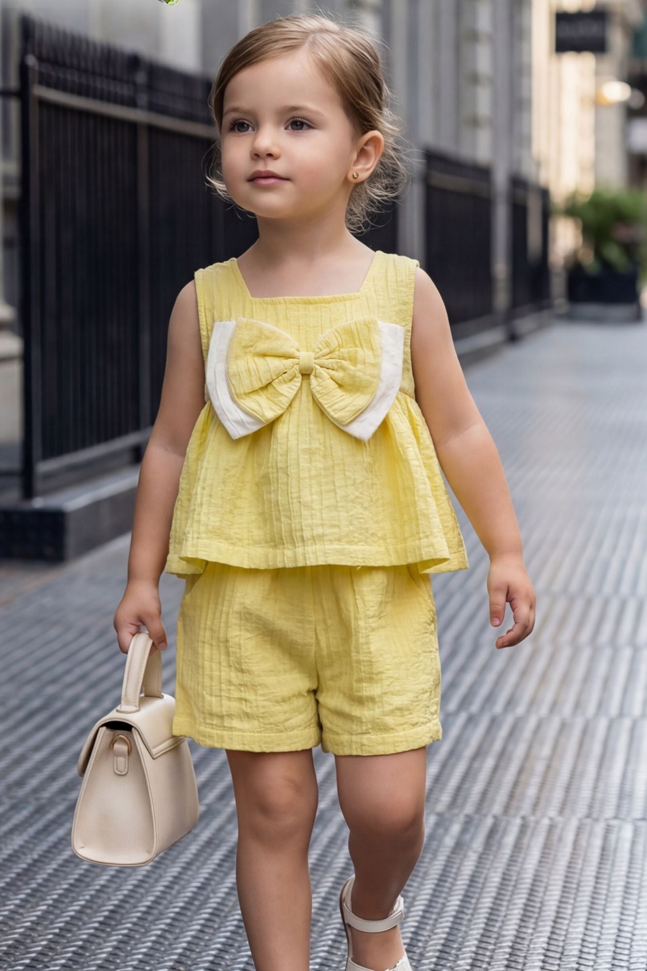 Girls Lemon Yellow Bow Set with Sleeveless Top and Shorts