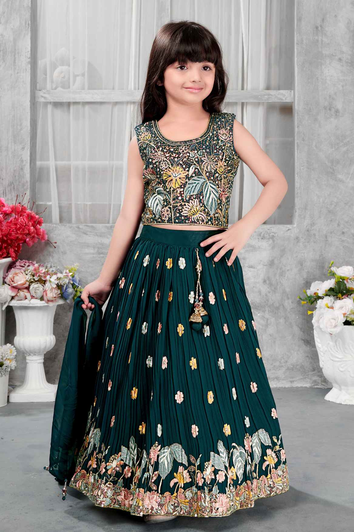 Teal Blue Floral Sequin Embroidered Lehenga Choli Set For Girls