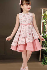 Classic Printed Peach Sleeveless Frock For Girls
