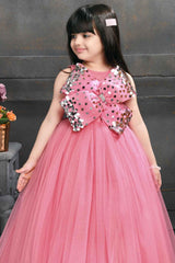 Designer Pink Gown Embellished With Sequin Bow For Girls - Lagorii Kids