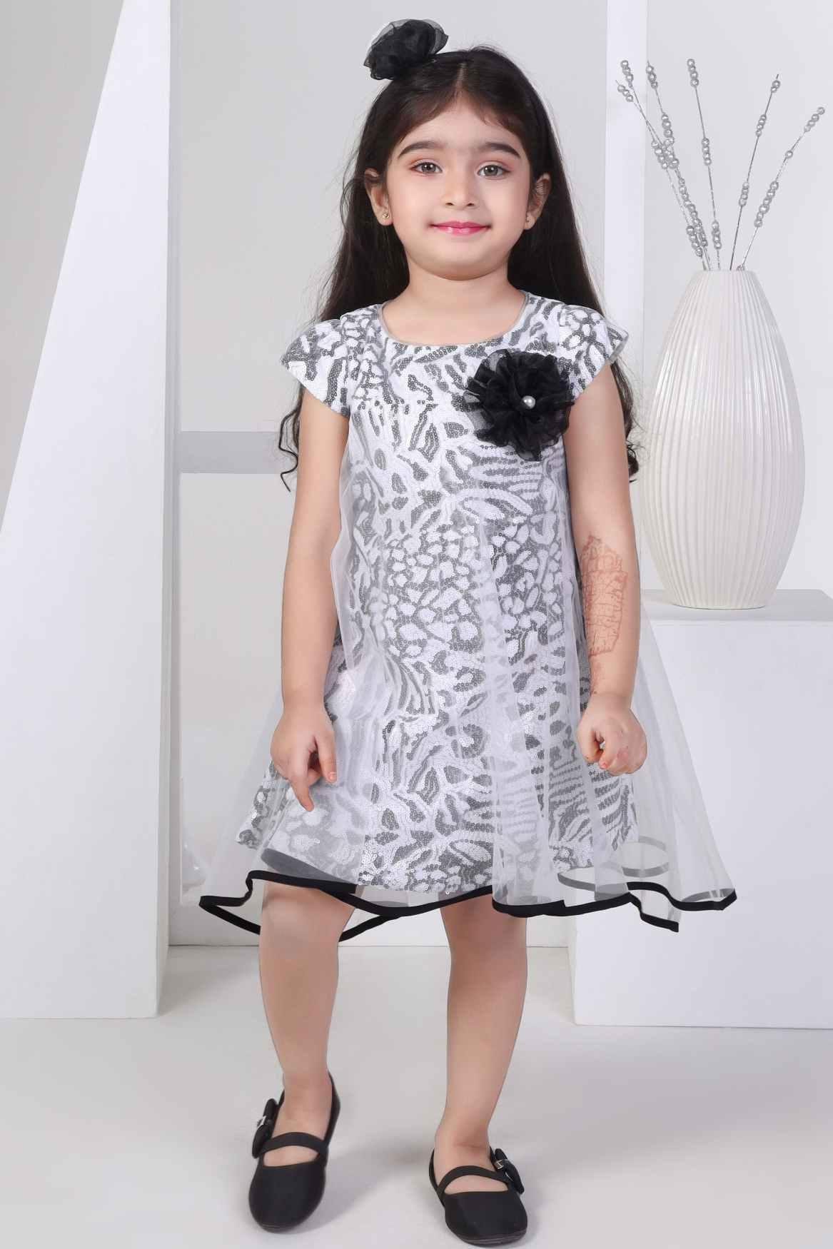 Stylish Black Printed Frock With Tulle Layer For Girls - Lagorii Kids