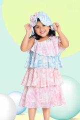 Pink And Blue Frilled Printed Dress With Cap For Girls - Lagorii Kids