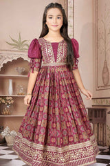 Ethnic Magenta Gown With Kalamkari Print With Sequins Embroidery For Girls