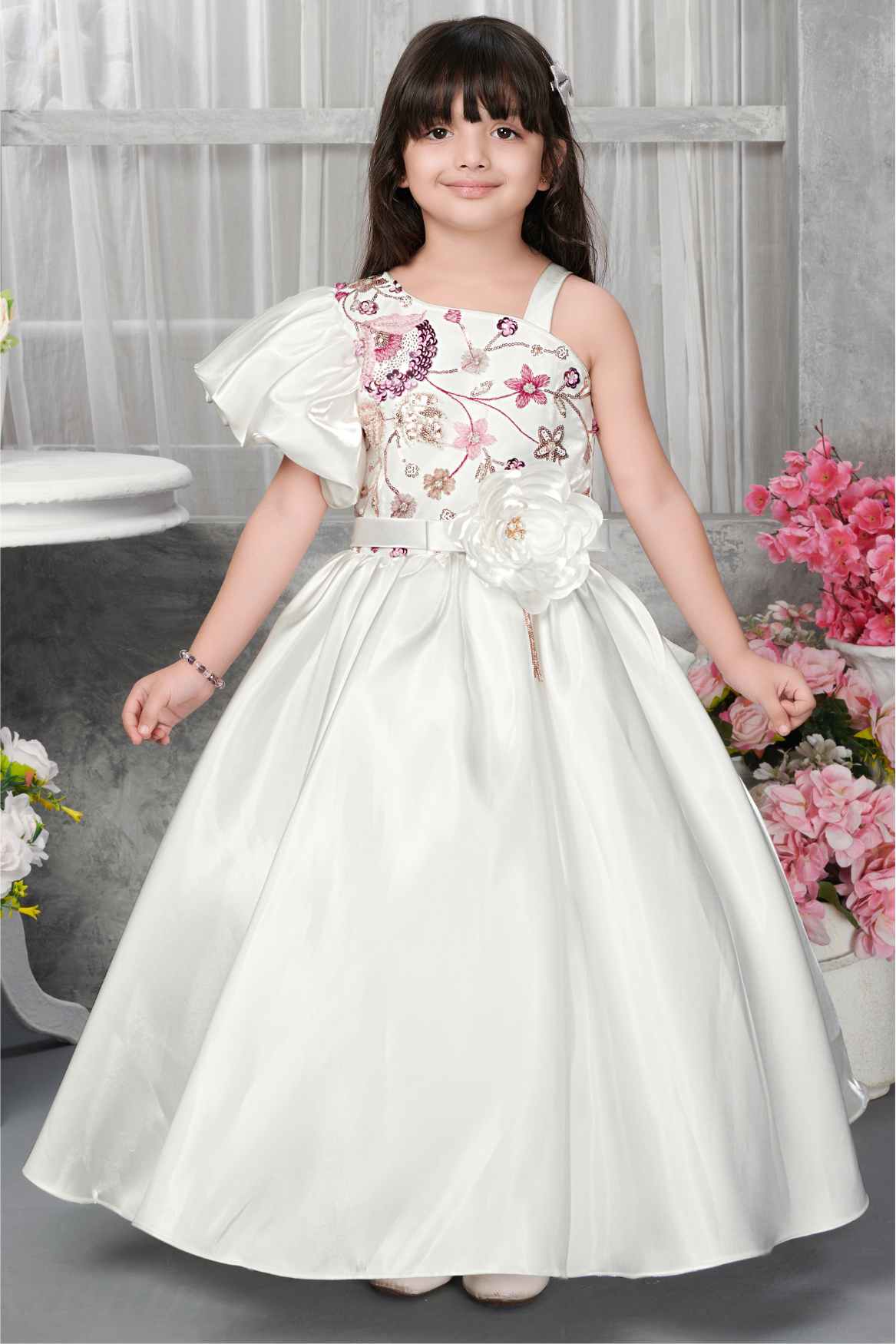 Elegant Cream Party Gown With Puffy Sleeves And Sequins Work For Girls